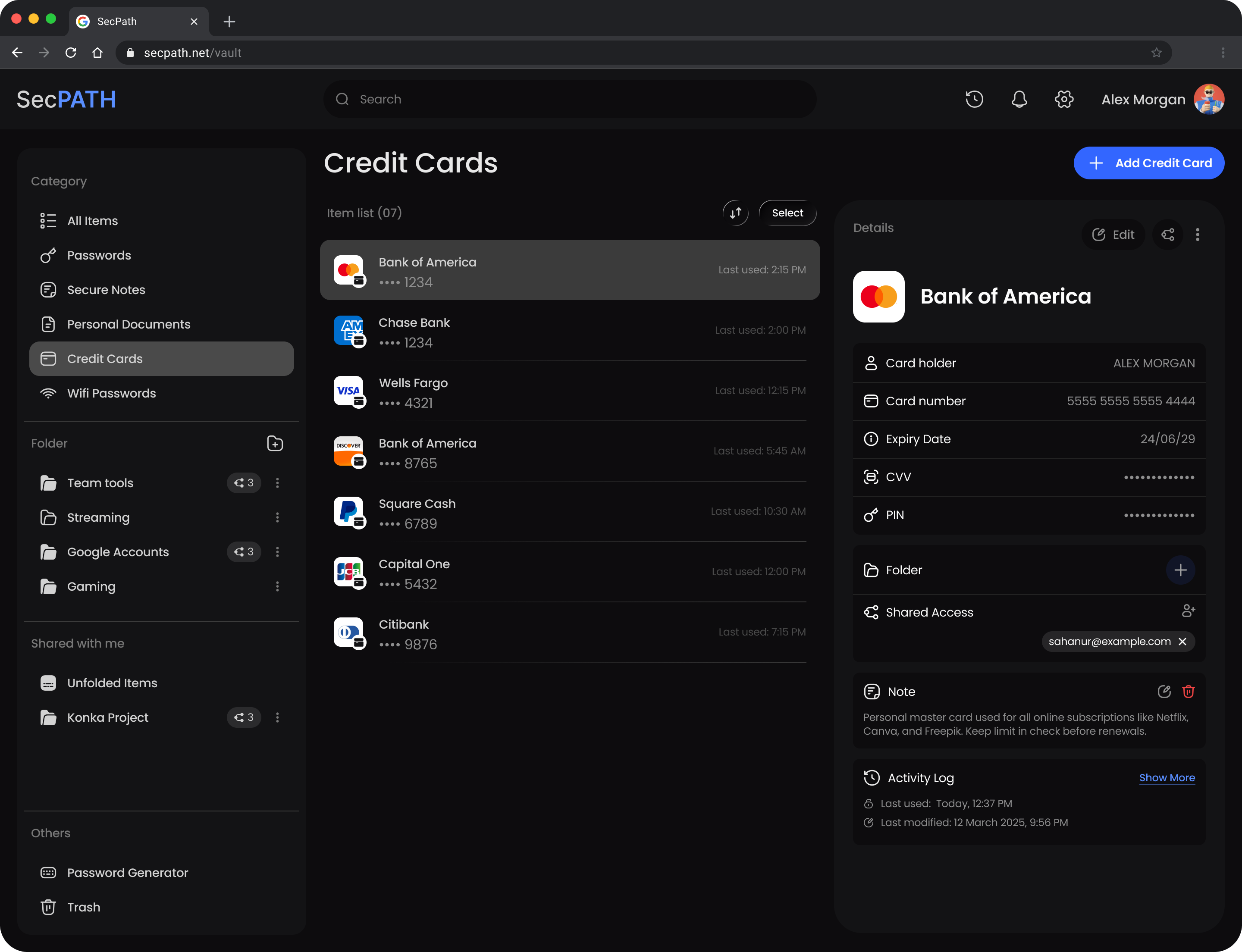 Credit Cards page in the SecPath Vault web app