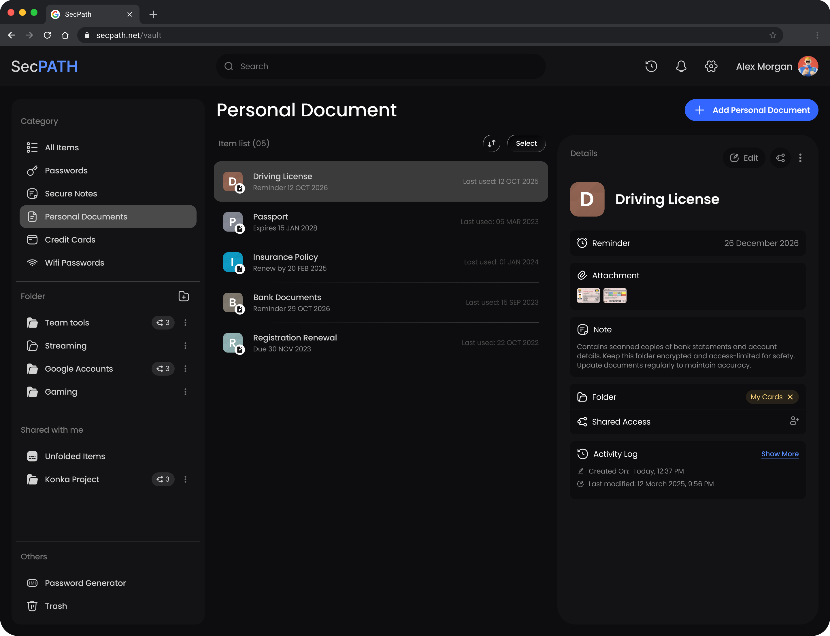 Personal Document page in the SecPath Vault web app