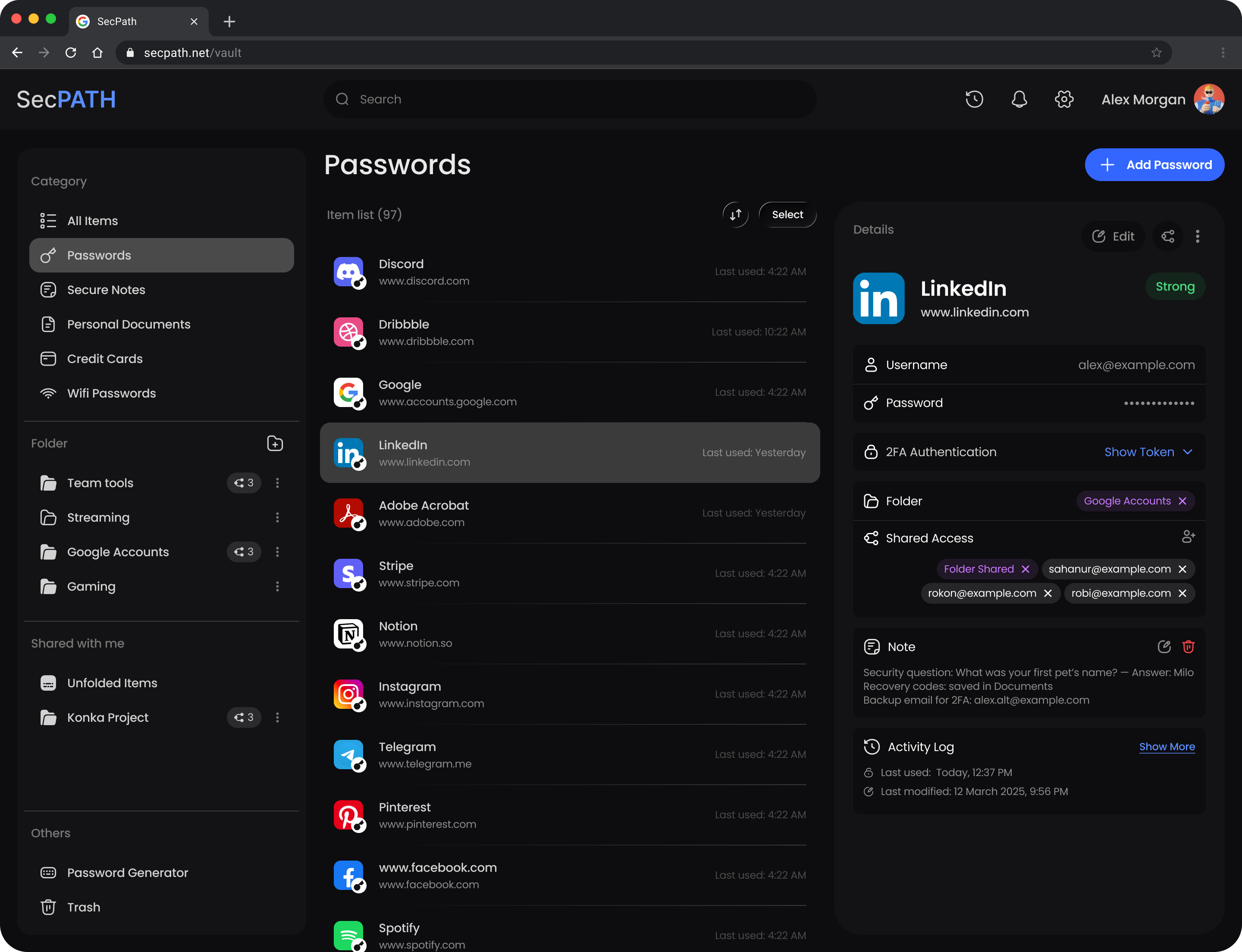 Passwords list with LinkedIn selected and its details