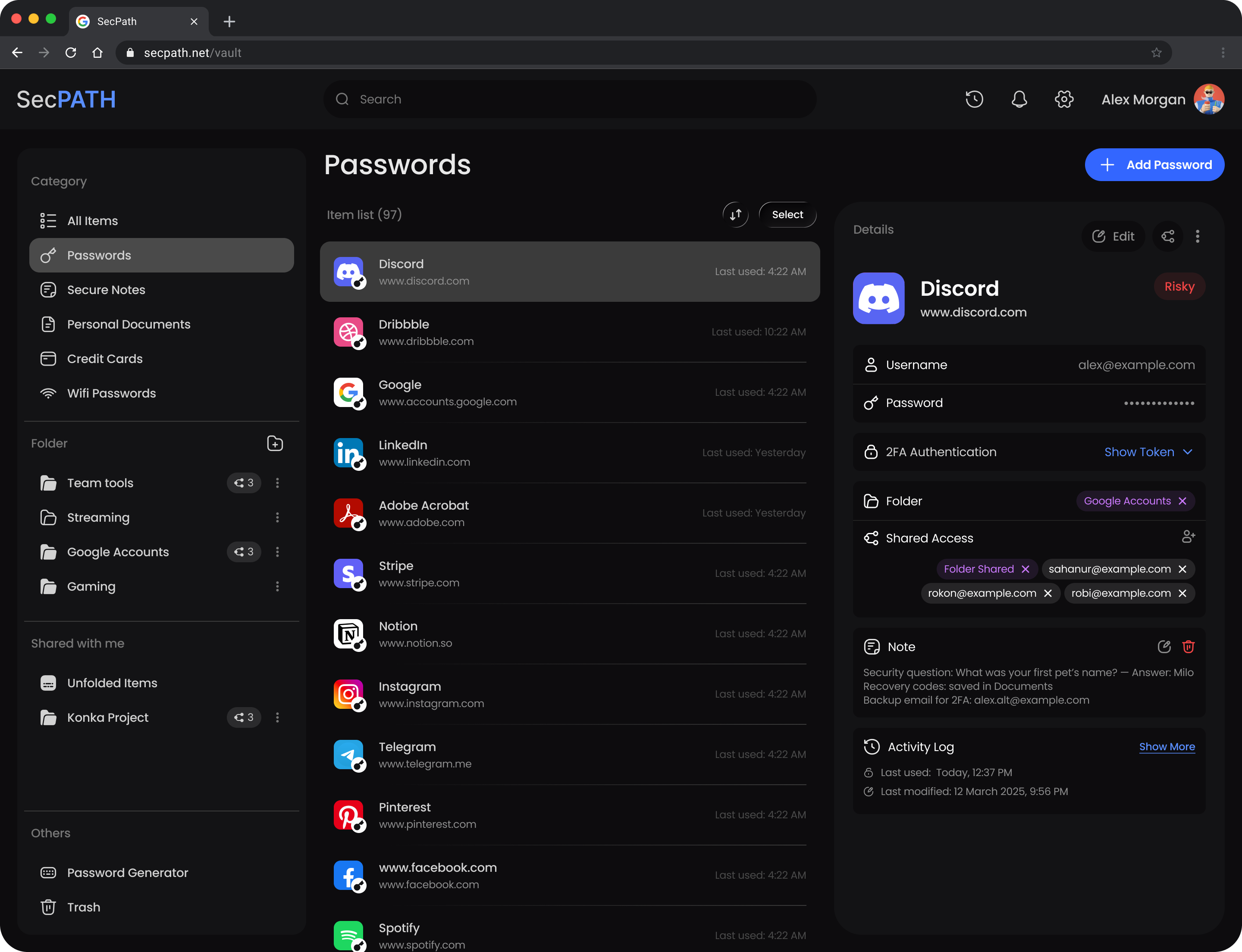 Passwords page in the SecPath Vault web app