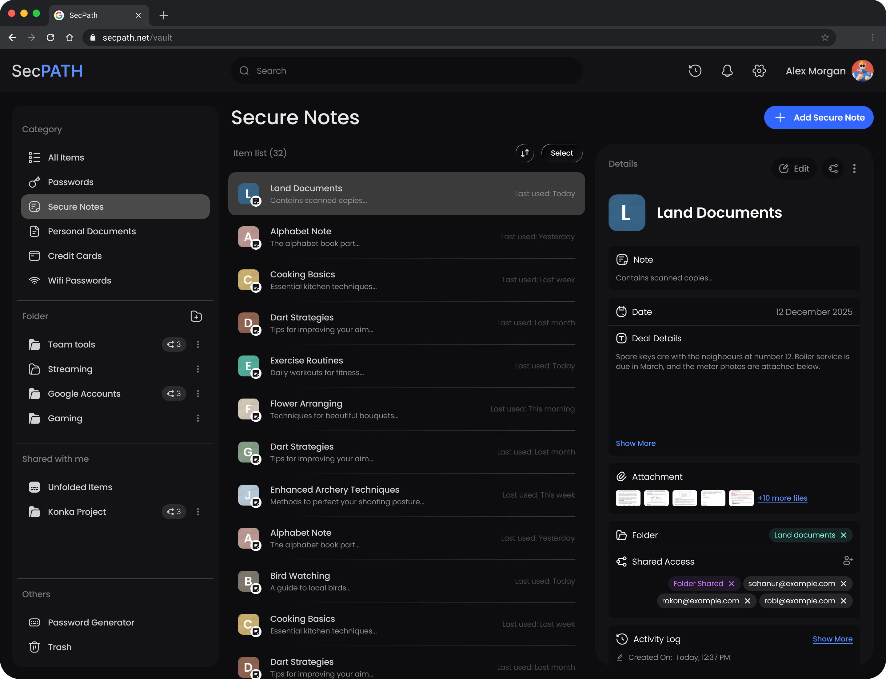 Secure Notes page in the SecPath Vault web app