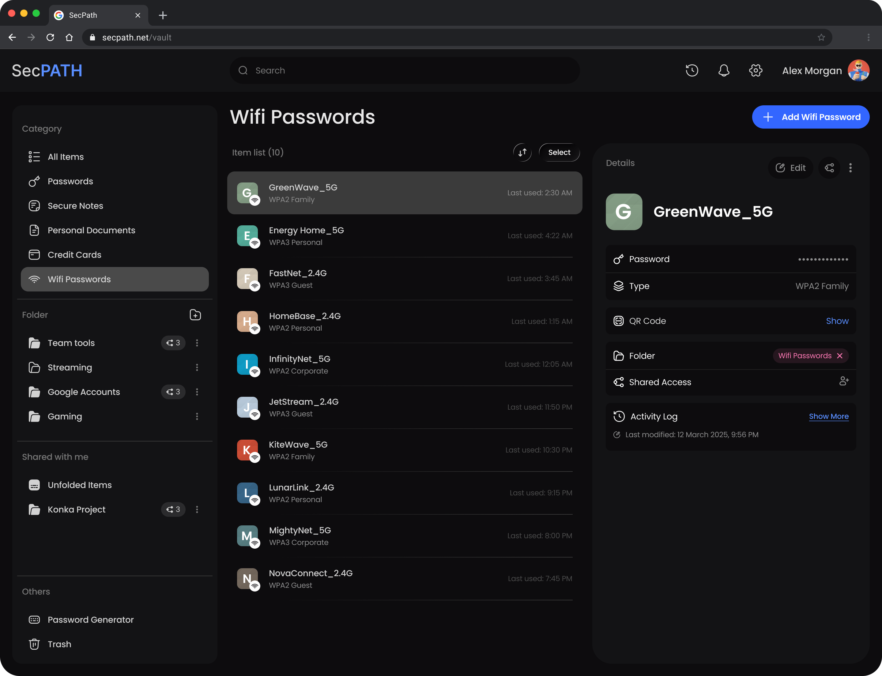 Wifi Passwords page in the SecPath Vault web app