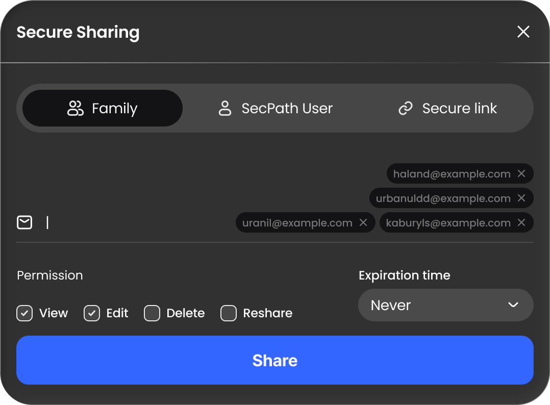 Secure Sharing dialog with Family, SecPath User and Secure link